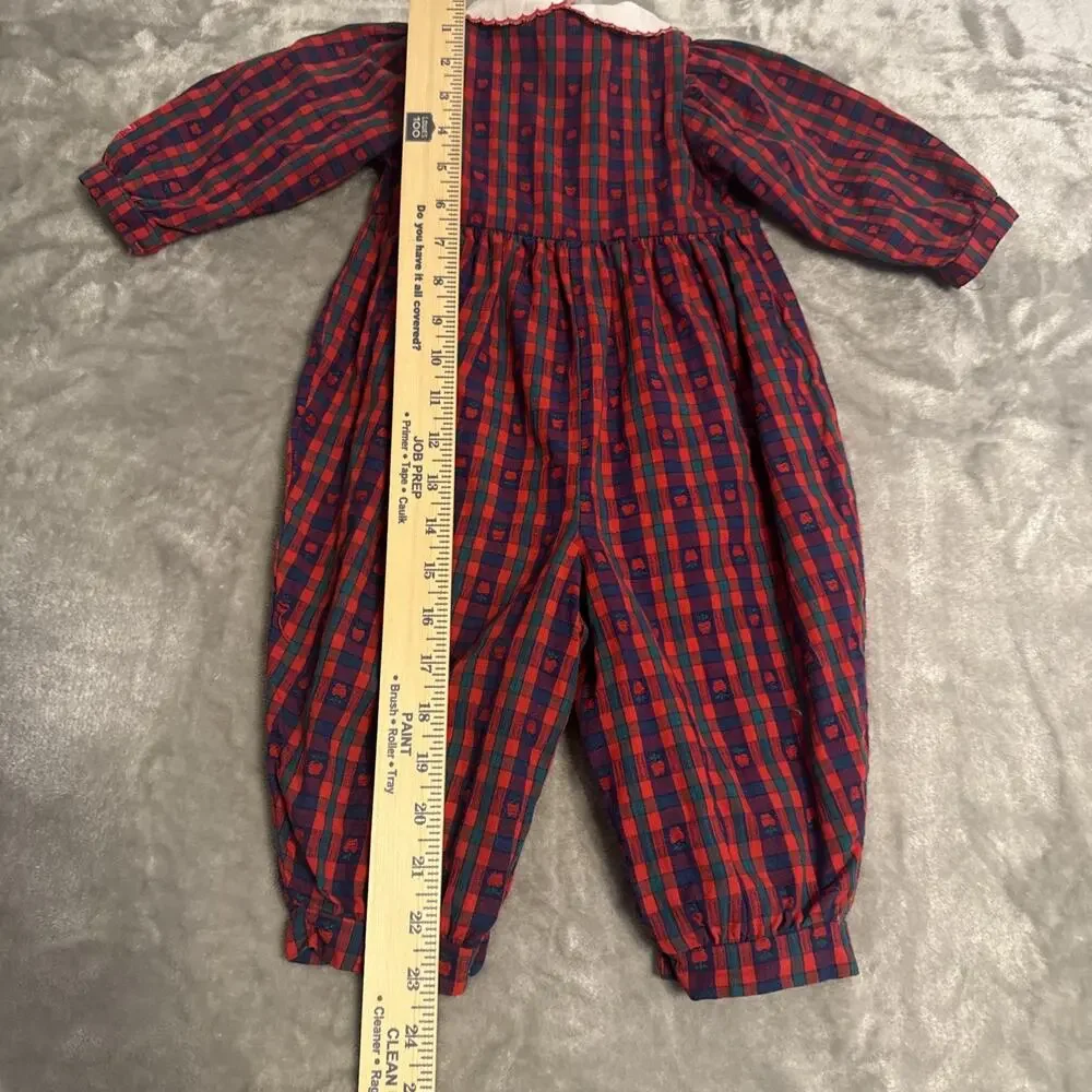 1990's Vtg OshKosh B'gosh 90s Baby Apple Plaid Peter Pan Collar Bubble 12M USA